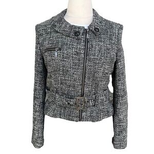 mac & jac Womens Grey Front Zip with Belt Wool Blend Tweed Jacket Size‎ XL